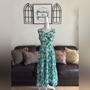 Phool Green & White Floral Print Midi Dress Size 8 Hippie Boho Summer Retro